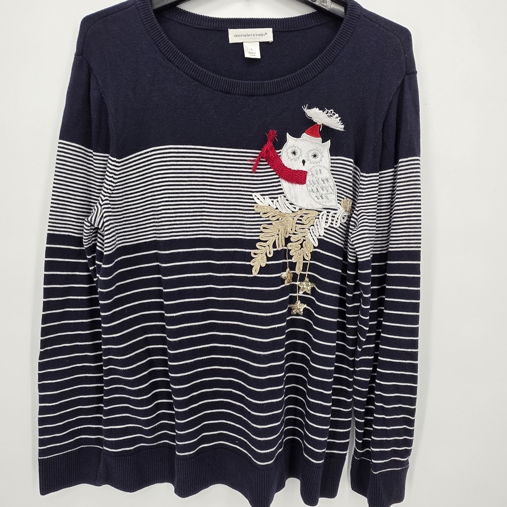 Christopher & Banks Christmas Embroidered Owl Christmas Sweater‎ Striped Size L